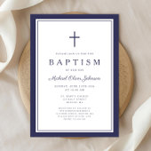 Elegant Navy Blue Cross Boy Baptism 招待状