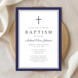 Elegant Navy Blue Cross Boy Baptism 招待状