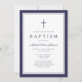 Elegant Navy Blue Cross Boy Baptism 招待状 (正面)