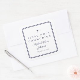Elegant Navy Blue Cross Boy First Communion スクエアシール