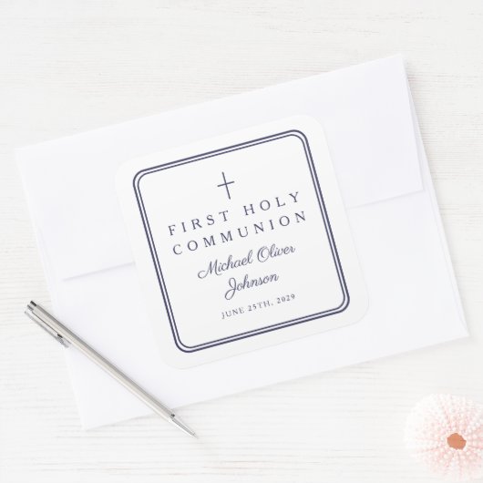 Elegant Navy Blue Cross Boy First Communion  スクエアシール (封筒)