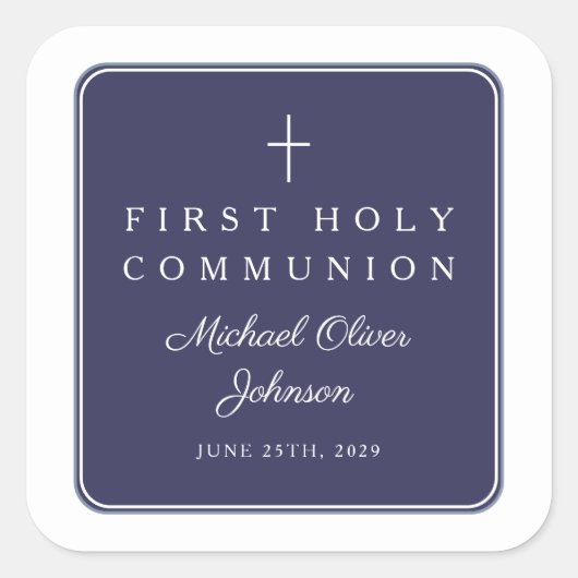 Elegant Navy Blue Cross Boy First Communion  スクエアシール (正面)