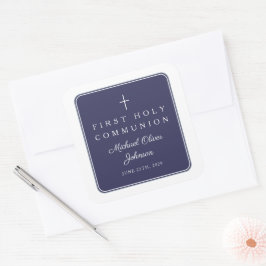 Elegant Navy Blue Cross Boy First Communion  スクエアシール