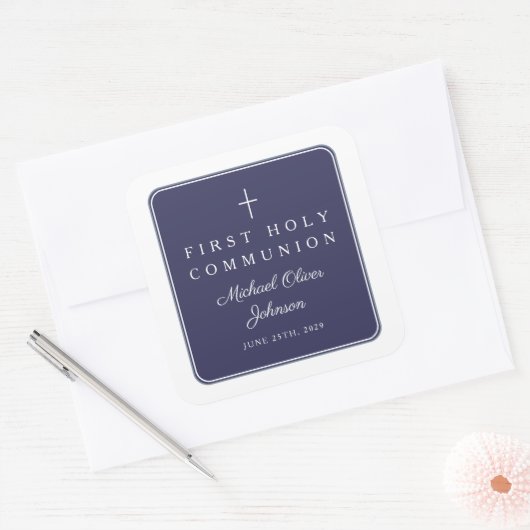 Elegant Navy Blue Cross Boy First Communion  スクエアシール (封筒)