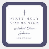 Elegant Navy Blue Cross Boy First Communion  スクエアシール (正面)