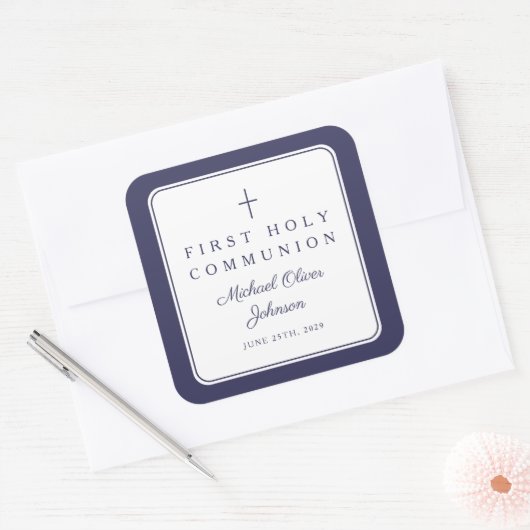 Elegant Navy Blue Cross Boy First Communion  スクエアシール (封筒)