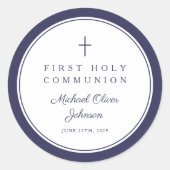 Elegant Navy Blue Cross Boy First Communion  ラウンドシール (正面)