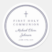 Elegant Navy Blue Cross Boy First Communion  ラウンドシール (正面)