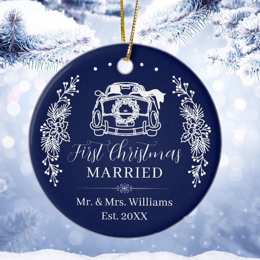 Elegant Navy Blue First Christmas Married Car セラミックオーナメント