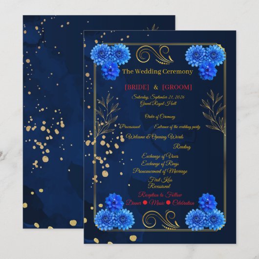 Elegant Navy Blue Floral Ceremony Program Template プログラム (正面/裏面)