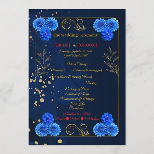 Elegant Navy Blue Floral Ceremony Program Template プログラム (正面)