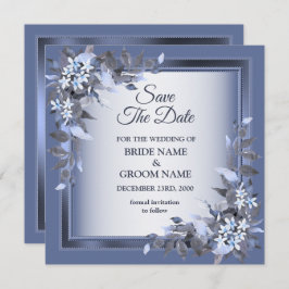 Elegant Navy Blue Floral Framed Silver Wedding セーブザデート