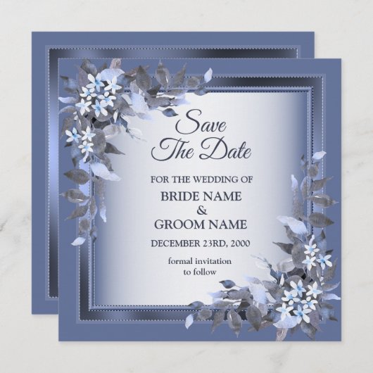 Elegant Navy Blue Floral Framed Silver Wedding セーブザデート (正面/裏面)