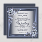 Elegant Navy Blue Floral Framed Silver Wedding 招待状 (正面/裏面)