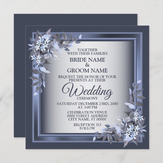 Elegant Navy Blue Floral Framed Silver Wedding 招待状 (正面/裏面)