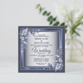 Elegant Navy Blue Floral Framed Silver Wedding 招待状 (スタンド正面)