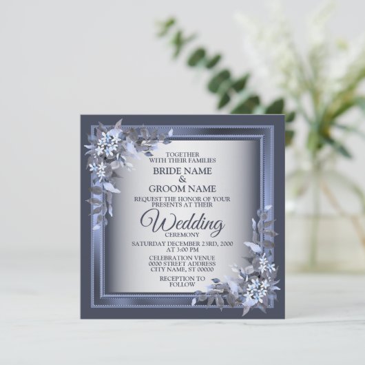 Elegant Navy Blue Floral Framed Silver Wedding 招待状 (スタンド正面)