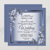 Elegant Navy Blue Floral Framed Silver Wedding 招待状 (正面/裏面)