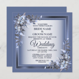 Elegant Navy Blue Floral Framed Silver Wedding 招待状