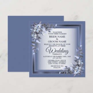 Elegant Navy Blue Floral Framed Silver Wedding 招待状