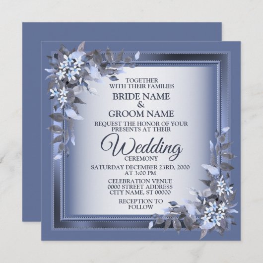 Elegant Navy Blue Floral Framed Silver Wedding 招待状 (正面/裏面)