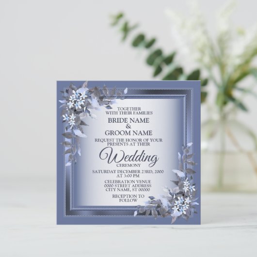 Elegant Navy Blue Floral Framed Silver Wedding 招待状 (スタンド正面)