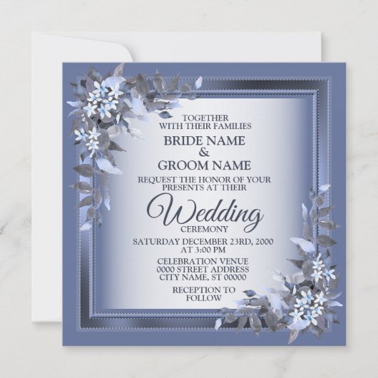 Elegant Navy Blue Floral Framed Silver Wedding 招待状 (正面)