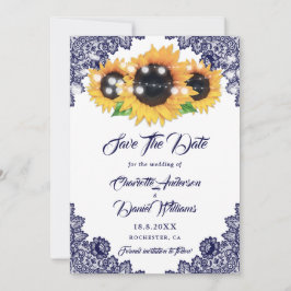 Elegant Navy Blue Floral Lace Sunflower Wedding セーブザデート