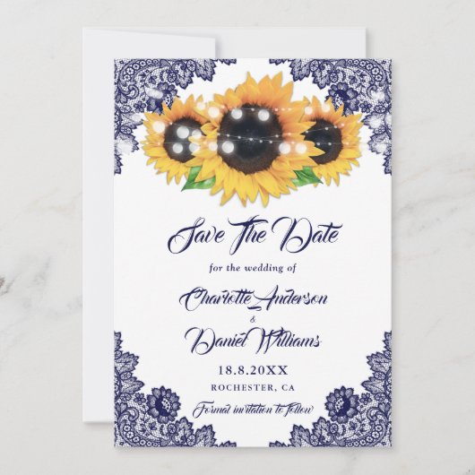 Elegant Navy Blue Floral Lace Sunflower Wedding セーブザデート (正面)
