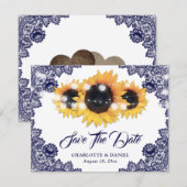Elegant Navy Blue Floral Lace Sunflower Wedding 案内状 (正面/裏面)