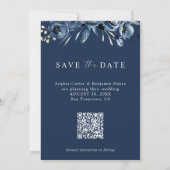Elegant Navy Blue Floral Photo & QR Code Wedding  セーブザデート (裏面)