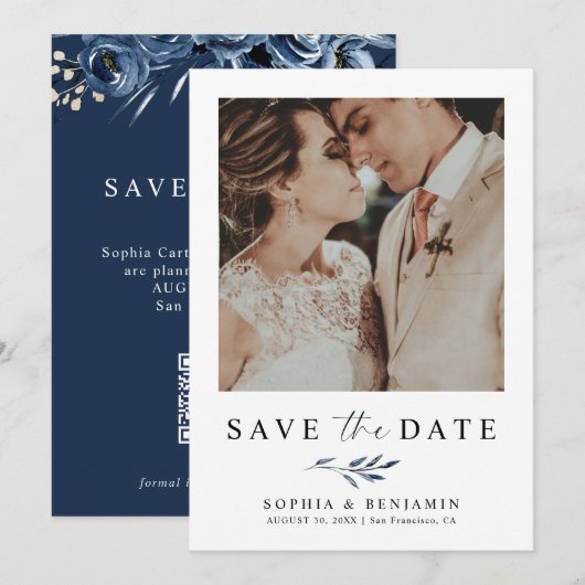 Elegant Navy Blue Floral Photo & QR Code Wedding  セーブザデート (正面/裏面)