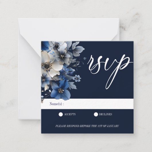 Elegant Navy Blue Floral RSVP ノートカード (正面)
