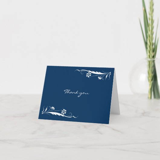 Elegant Navy Blue Floral Thank You Cards サンキューカード (正面)