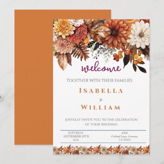 Elegant  Navy Blue Floral Wedding 招待状 (正面/裏面)