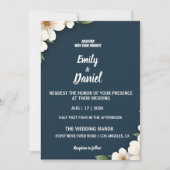 Elegant Navy Blue Floral Wedding Invitation 招待状 (正面)