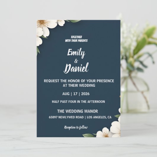Elegant Navy Blue Floral Wedding Invitation 招待状 (スタンド正面)