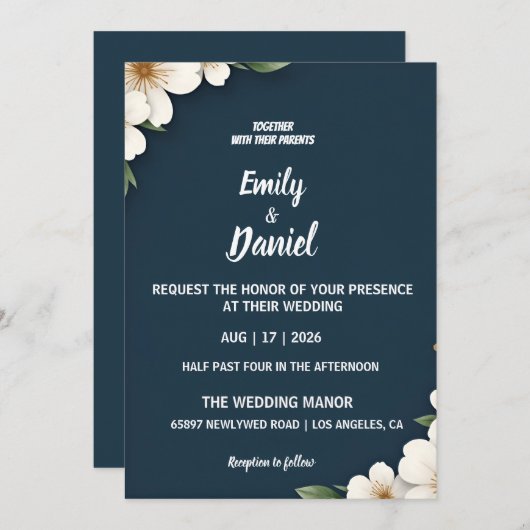 Elegant Navy Blue Floral Wedding Invitation 招待状 (正面/裏面)