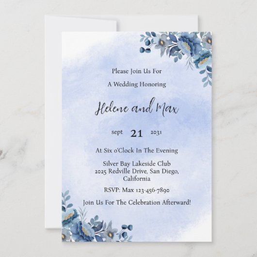 Elegant Navy Blue Floral Wedding Invitation 招待状 (正面)