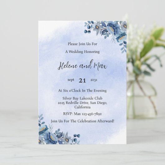 Elegant Navy Blue Floral Wedding Invitation 招待状 (スタンド正面)