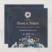 Elegant Navy Blue Floral Wedding Invite 招待状 (正面/裏面)