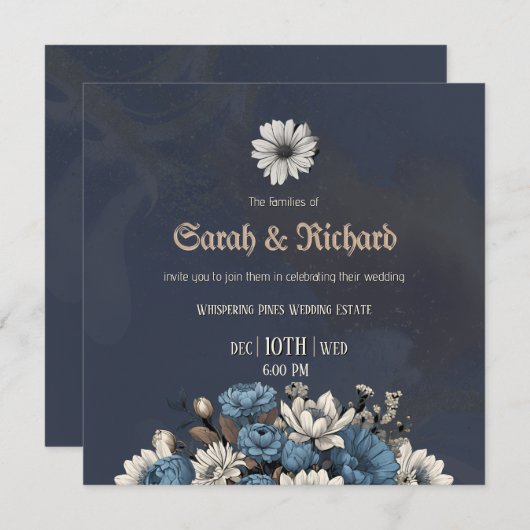 Elegant Navy Blue Floral Wedding Invite 招待状 (正面/裏面)