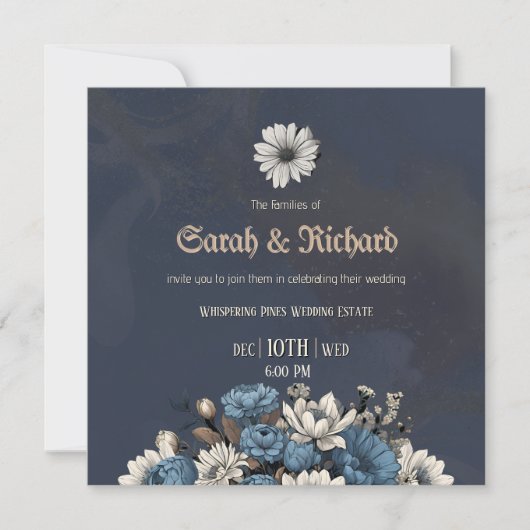 Elegant Navy Blue Floral Wedding Invite 招待状 (正面)