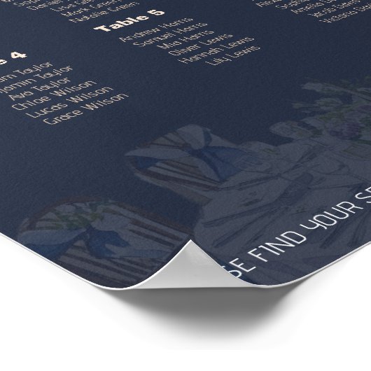 Elegant Navy Blue Floral Wedding Seating Chart ポスター (角)