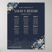 Elegant Navy Blue Floral Wedding Seating Chart ポスター (正面)