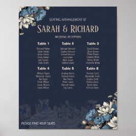Elegant Navy Blue Floral Wedding Seating Chart ポスター