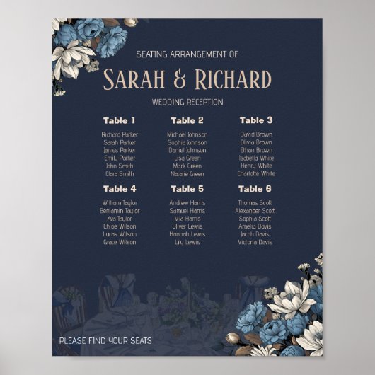 Elegant Navy Blue Floral Wedding Seating Chart ポスター (正面)