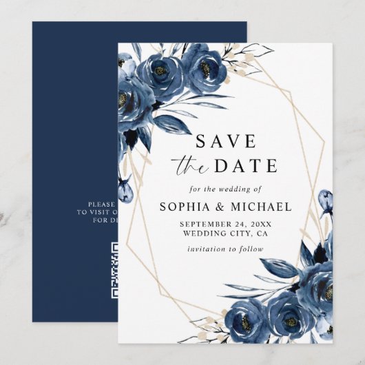 Elegant Navy Blue Flowers & QR Code Wedding  セーブザデート (正面/裏面)