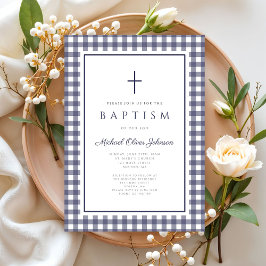 Elegant Navy Blue Gingham Boy Baptism 招待状