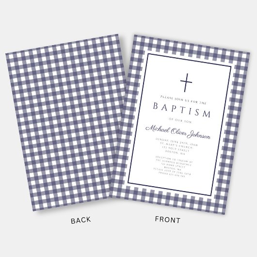 Elegant Navy Blue Gingham Boy Baptism 招待状